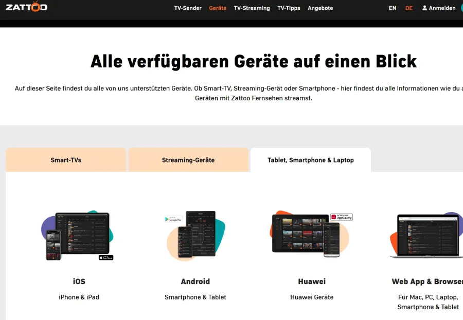 Zattoo auf mobilen Entgeräten