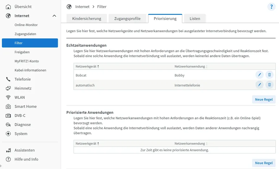 Priorisierungs-Filter in der FritzBox anlegen