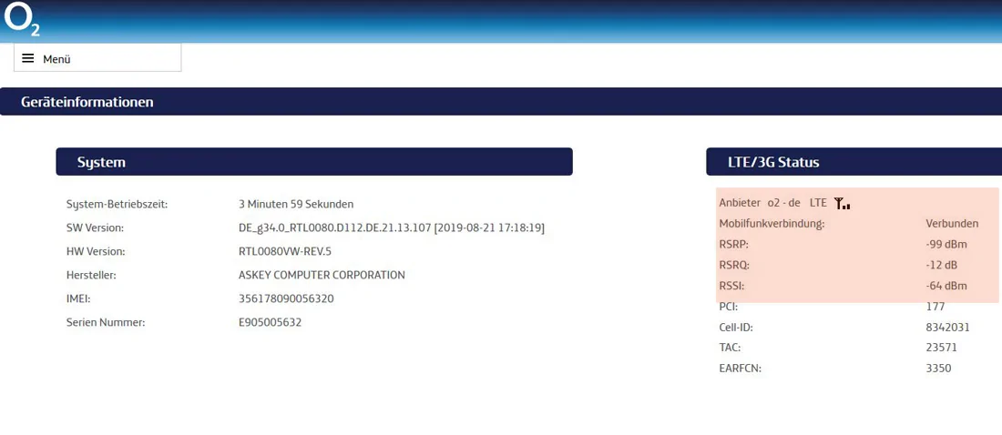 Empfangswerte im O2-Router