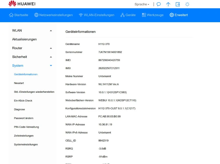 Empfangswerte im Vodafone-Router