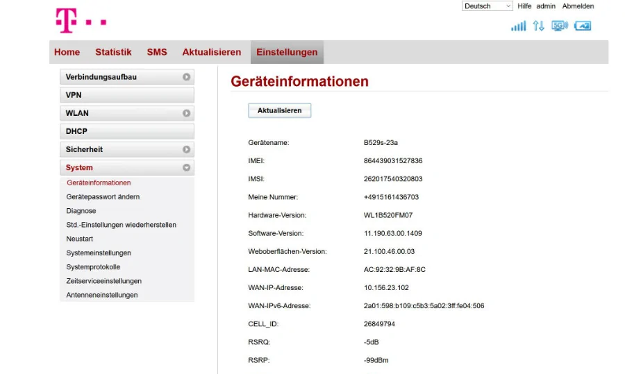 Empfangswerte im Telekom-Router