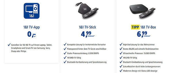 Hardwareoptionen bei 1&1 TV